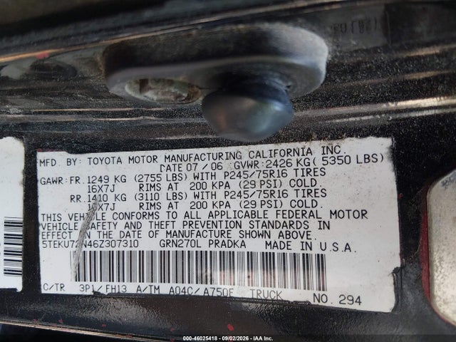 2006 Toyota Tacoma Prerunner V6 მანქანა იყიდება აუქციონზე, vin: 5TEKU72N46Z307310, აუქციონის ნომერი: 46025418