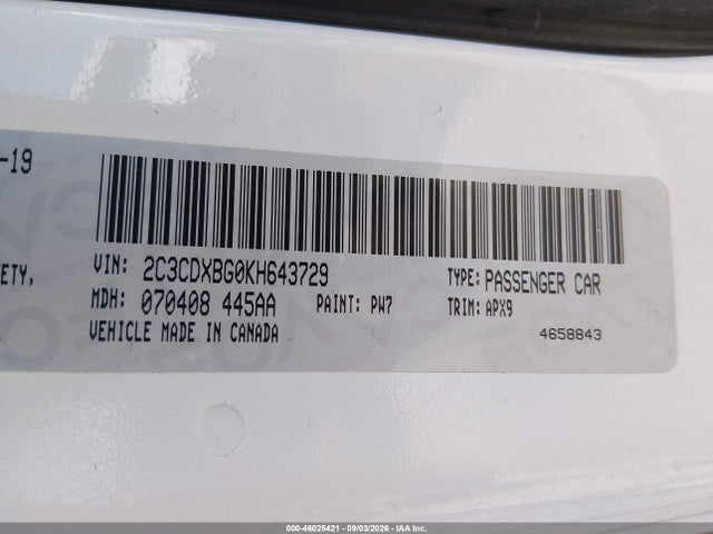 46025421 :رقم المزاد ، 2C3CDXBG0KH643729 vin ، 2019 Dodge Charger Sxt Rwd مزاد بيع