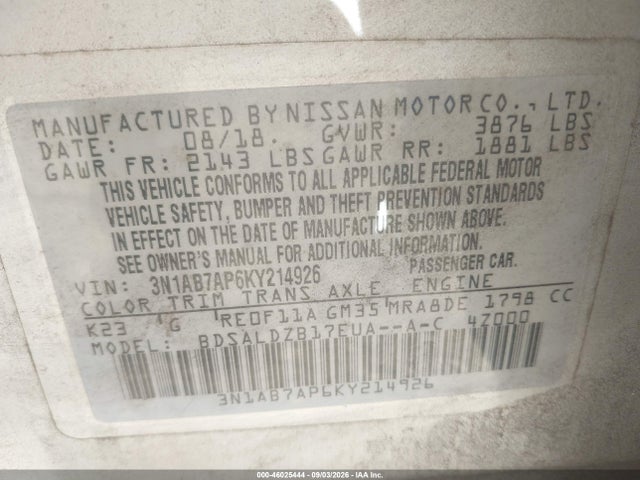 Aukcja sprzedaży 2019 Nissan Sentra Sv, vin: 3N1AB7AP6KY214926, numer aukcji: 46025444