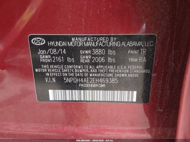 Aukcja sprzedaży 2014 Hyundai Elantra Se, vin: 5NPDH4AE2EH469385, numer aukcji: 46025451