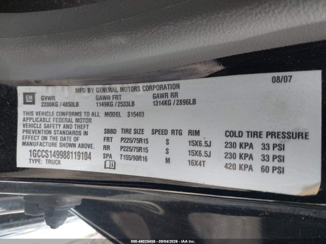 2008 Chevrolet Colorado Ls მანქანა იყიდება აუქციონზე, vin: 1GCCS149988119104, აუქციონის ნომერი: 46025456