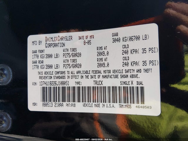 Продажа на аукционе авто 2006 Dodge Ram 1500 Slt/trx4 Off Road/sport, vin: 1D7HU18226J108051, номер лота: 46025487