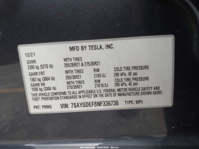 Продаж на аукціоні авто 2022 Tesla Model Y Performance Dual Motor All-wheel Drive, vin: 7SAYGDEF8NF336736, номер лоту: 46025489