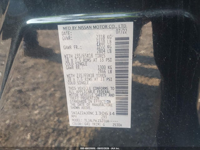 Aukcja sprzedaży 2022 Nissan Murano S Fwd, vin: 5N1AZ2AJ0NC130634, numer aukcji: 46025500