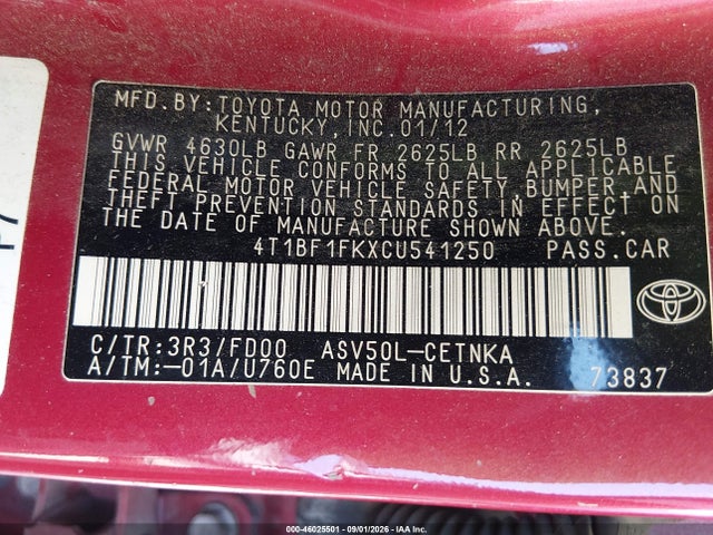 46025501 :رقم المزاد ، 4T1BF1FKXCU541250 vin ، 2012 Toyota Camry Le مزاد بيع