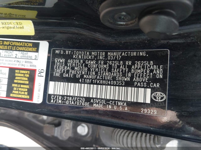 46025511 :رقم المزاد ، 4T1BF1FK8HU409353 vin ، 2017 Toyota Camry Le مزاد بيع