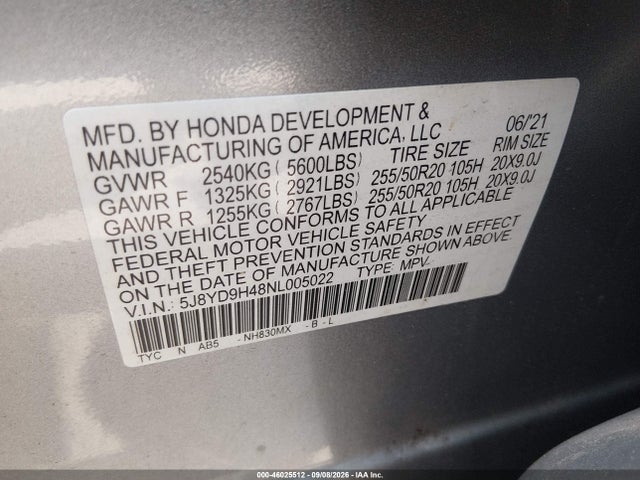 46025512 :رقم المزاد ، 5J8YD9H48NL005022 vin ، 2022 Acura Mdx Technology Package مزاد بيع