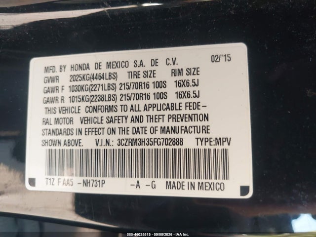 2015 Honda Cr-v Lx მანქანა იყიდება აუქციონზე, vin: 3CZRM3H35FG702888, აუქციონის ნომერი: 46025515