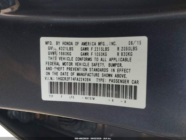 46025530 :رقم المزاد ، 1HGCR2F74FA224394 vin ، 2015 Honda Accord Ex مزاد بيع