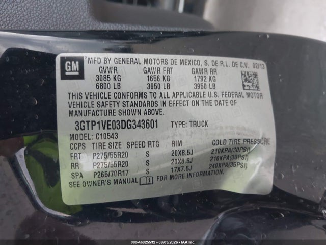 46025532 :رقم المزاد ، 3GTP1VE03DG343601 vin ، 2013 Gmc Sierra 1500 Sle مزاد بيع