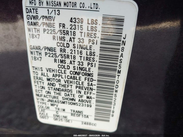 Продаж на аукціоні авто 2013 Nissan Rogue Sv W/sl Pkg, vin: JN8AS5MT0DW523199, номер лоту: 46025537