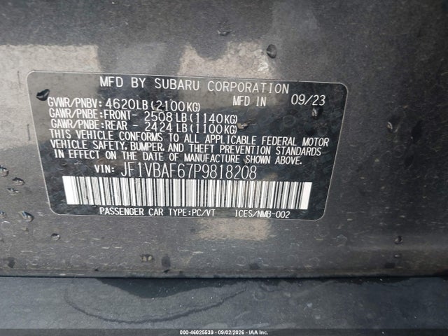 Продаж на аукціоні авто 2023 Subaru Wrx Premium, vin: JF1VBAF67P9818208, номер лоту: 46025539