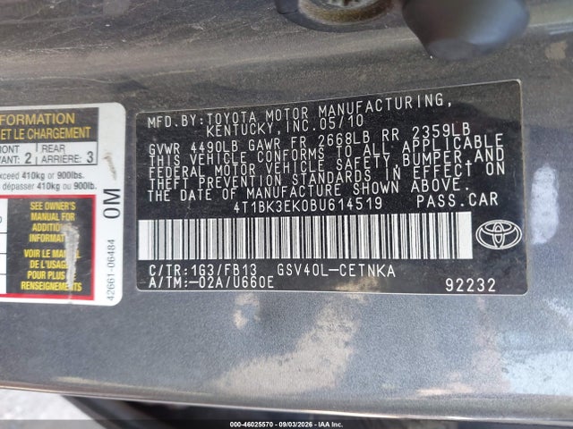 2011 Toyota Camry Le V6 მანქანა იყიდება აუქციონზე, vin: 4T1BK3EK0BU614519, აუქციონის ნომერი: 46025570