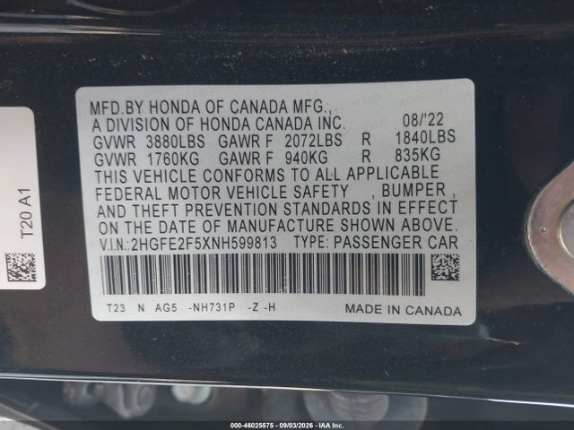 2022 Honda Civic Sport მანქანა იყიდება აუქციონზე, vin: 2HGFE2F5XNH599813, აუქციონის ნომერი: 46025575