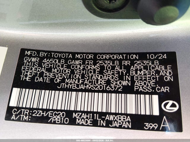 Aukcja sprzedaży 2025 Lexus Ux 300h F Sport Design, vin: JTHYBJAH9S2016372, numer aukcji: 46025590