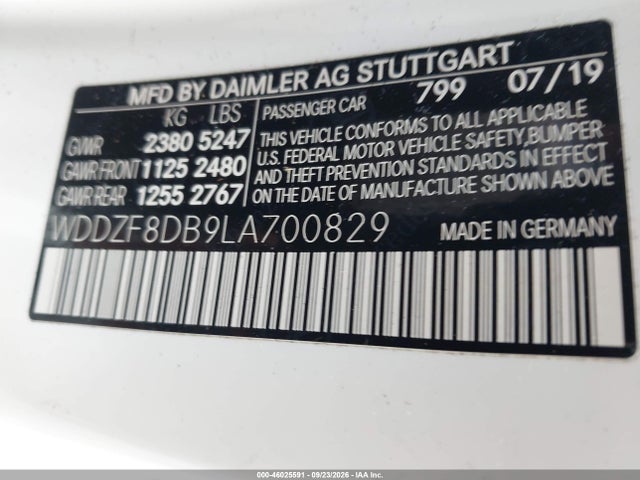 46025591 :رقم المزاد ، WDDZF8DB9LA700829 vin ، 2020 Mercedes-benz E 350 مزاد بيع