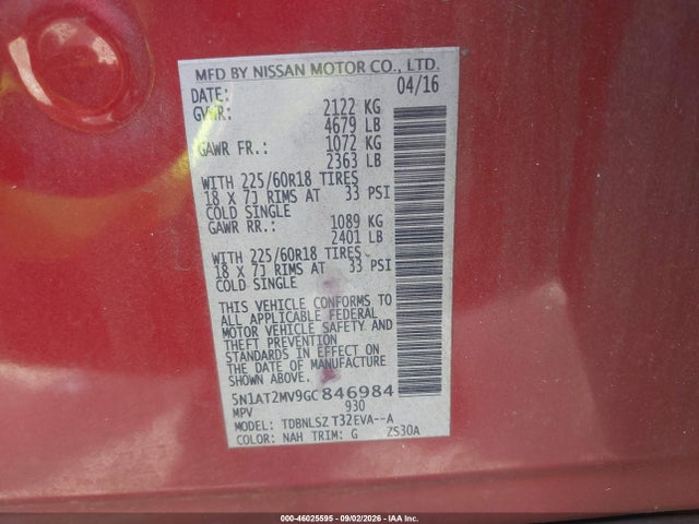 46025595 :رقم المزاد ، 5N1AT2MV9GC846984 vin ، 2016 Nissan Rogue Sl مزاد بيع