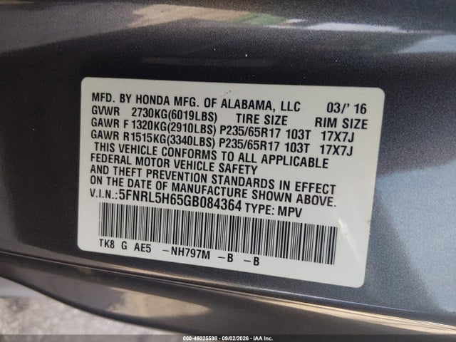 46025598 :رقم المزاد ، 5FNRL5H65GB084364 vin ، 2016 Honda Odyssey Ex-l مزاد بيع