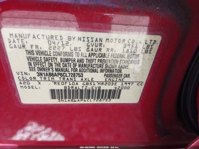 46025608 :رقم المزاد ، 3N1AB6AP6CL728753 vin ، 2012 Nissan Sentra 2.0 Sr مزاد بيع