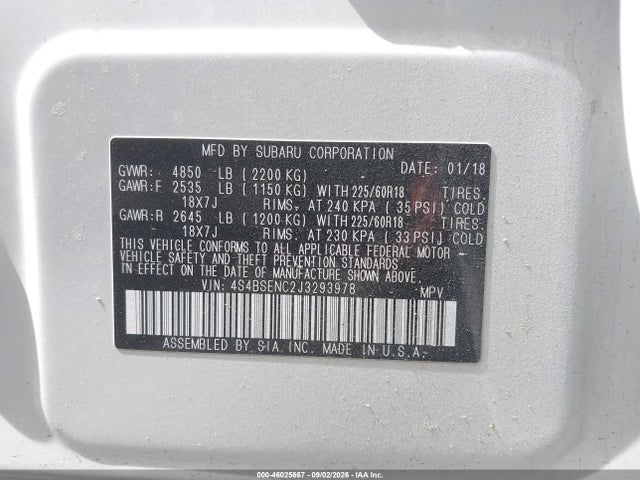 Subaru Outback 3.6r Limited 2018 4S4BSENC2J3293978 Image 9