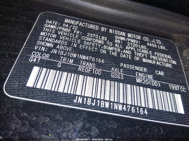 46025677 :رقم المزاد ، JN1BJ1BW1NW476164 vin ، 2022 Nissan Rogue Sport Sv Awd Xtronic Cvt مزاد بيع
