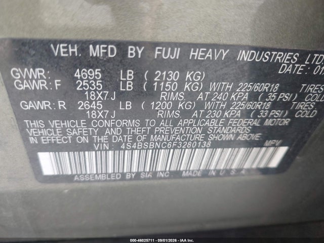 Subaru Outback 2.5i Limited 2015 4S4BSBNC6F3280138 Image 9