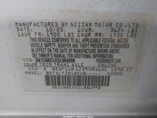 Aukcja sprzedaży 2025 Nissan Versa 1.6 Sv, vin: 3N1CN8EVXSL886998, numer aukcji: 46025717