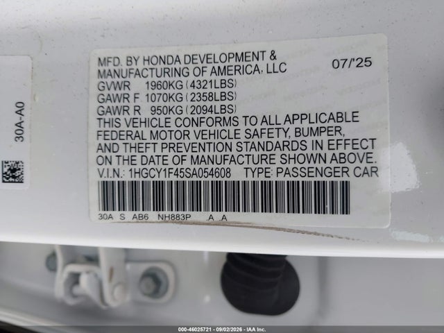 Продажа на аукционе авто 2025 Honda Accord Se, vin: 1HGCY1F45SA054608, номер лота: 46025721