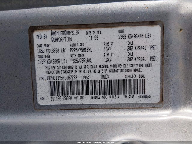 Продаж на аукціоні авто 2000 Dodge Ram 1500 St, vin: 1B7HC13Y5YJ167283, номер лоту: 46025755