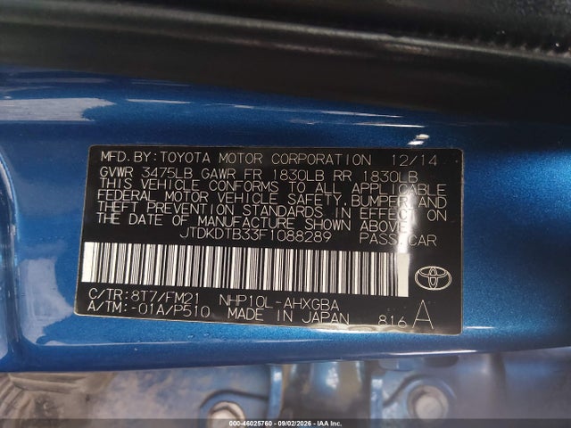 Aukcja sprzedaży 2015 Toyota Prius C Three, vin: JTDKDTB33F1088289, numer aukcji: 46025760