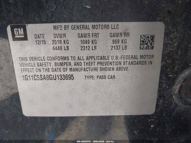 2016 Chevrolet Malibu Limited Lt მანქანა იყიდება აუქციონზე, vin: 1G11C5SA8GU133695, აუქციონის ნომერი: 46025761