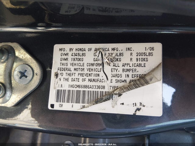 Продажа на аукционе авто 2006 Honda Accord 3.0 Ex, vin: 1HGCM66886A033608, номер лота: 46025770