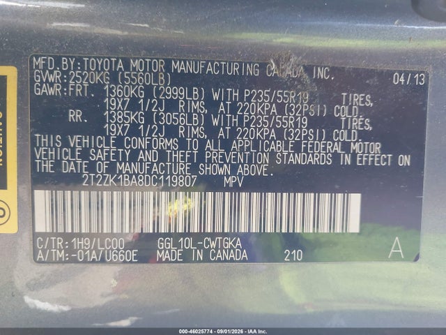 46025774 :رقم المزاد ، 2T2ZK1BA8DC119807 vin ، 2013 Lexus Rx 350 مزاد بيع