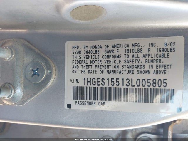Продаж на аукціоні авто 2003 Honda Civic Lx, vin: 1HGES15513L005805, номер лоту: 46025775
