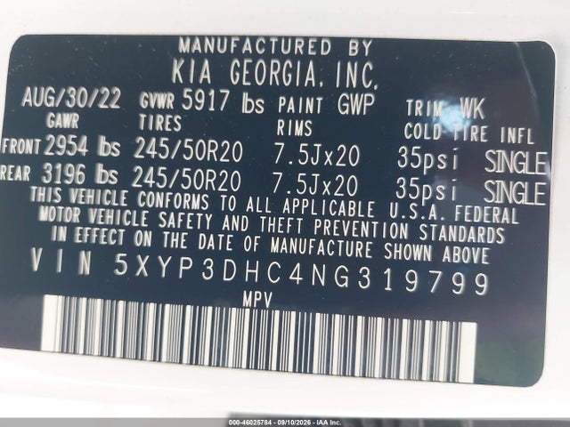 46025784 :رقم المزاد ، 5XYP3DHC4NG319799 vin ، 2022 Kia Telluride Ex مزاد بيع