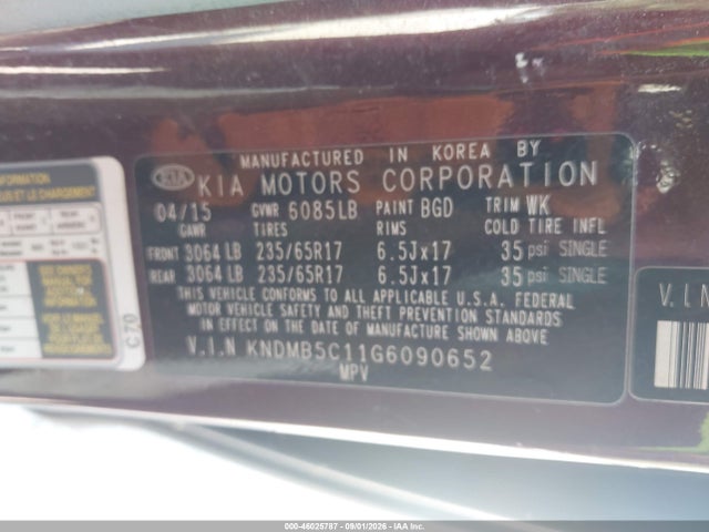 46025787 :رقم المزاد ، KNDMB5C11G6090652 vin ، 2016 Kia Sedona Lx مزاد بيع
