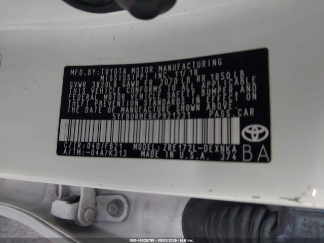 Aukcja sprzedaży 2019 Toyota Corolla Le, vin: 5YFBURHE6KP921231, numer aukcji: 46025799