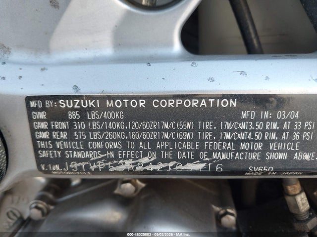 2004 Suzuki Sv650 მანქანა იყიდება აუქციონზე, vin: JS1VP53A842103416, აუქციონის ნომერი: 46025803