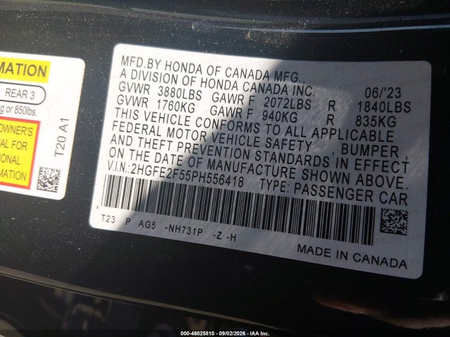2023 Honda Civic Sport მანქანა იყიდება აუქციონზე, vin: 2HGFE2F55PH556418, აუქციონის ნომერი: 46025810