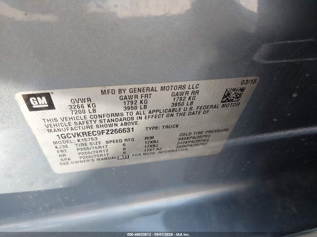 Aukcja sprzedaży 2015 Chevrolet Silverado 1500 1lt, vin: 1GCVKREC9FZ266631, numer aukcji: 46025812