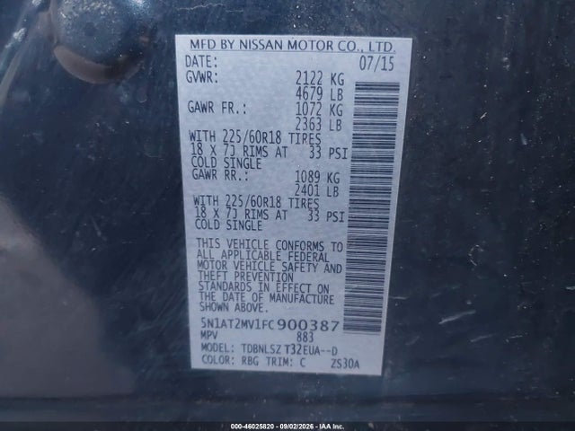 Продаж на аукціоні авто 2015 Nissan Rogue Sl, vin: 5N1AT2MV1FC900387, номер лоту: 46025820