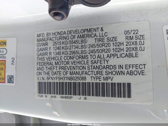 5FNYF5H31NB025088 Honda Pilot 2wd Sport