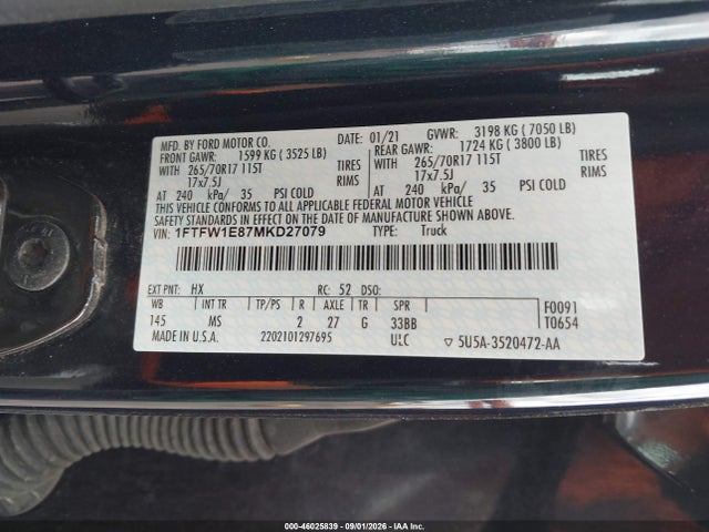 46025839 :رقم المزاد ، 1FTFW1E87MKD27079 vin ، 2021 Ford F-150 Xlt مزاد بيع
