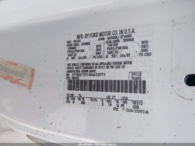 46025851 :رقم المزاد ، 1FTRX17213NA10771 vin ، 2003 Ford F-150 Xl/xlt مزاد بيع