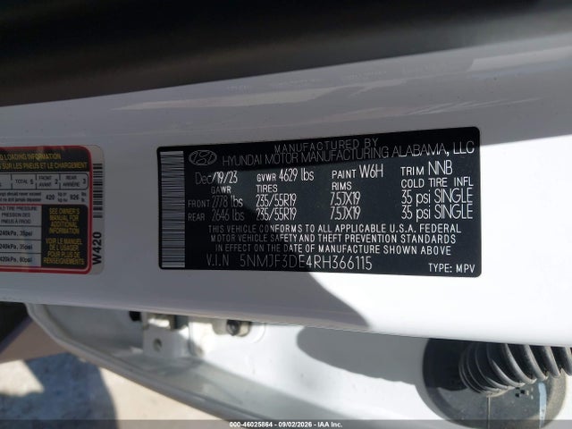 2024 Hyundai Tucson Sel მანქანა იყიდება აუქციონზე, vin: 5NMJF3DE4RH366115, აუქციონის ნომერი: 46025864