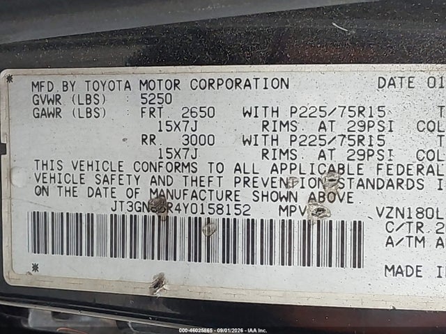 Auction sale of the 2000 Toyota 4runner Sr5 V6, vin: JT3GN86R4Y0158152, lot number: 46025865