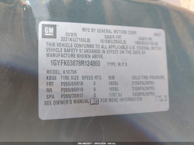 46025871 :رقم المزاد ، 1GYFK63878R124860 vin ، 2008 Cadillac Escalade Standard مزاد بيع