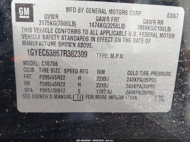 46025890 :رقم المزاد ، 1GYEC63867R382309 vin ، 2007 Cadillac Escalade Standard مزاد بيع