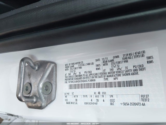 2016 Ford Escape Se მანქანა იყიდება აუქციონზე, vin: 1FMCU9GX3GUC13869, აუქციონის ნომერი: 46025897