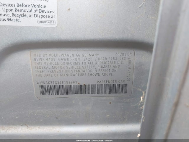 46025899 :رقم المزاد ، WVWAK73C26P152861 vin ، 2006 Volkswagen Passat 2.0t/value Edition مزاد بيع